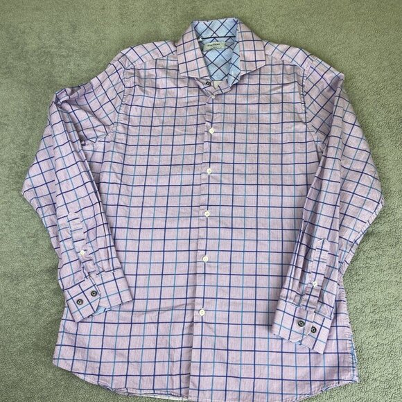Duchamp London Shirt Mens 17 XL 43 Button Up Flip Cuff Purple Plaid Tailored Fit - Picture 2 of 16